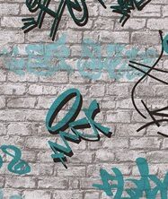 Papel de Parede Elegance  Graffiti em Azul, Verde e Preto com Fundo Cinza  05601-30