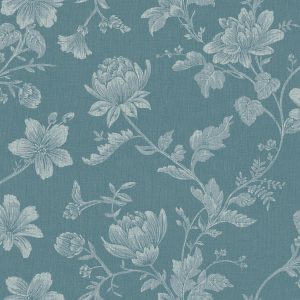 Ref: 4129 - Papel de Parede floral rosas brancas fundo azul.